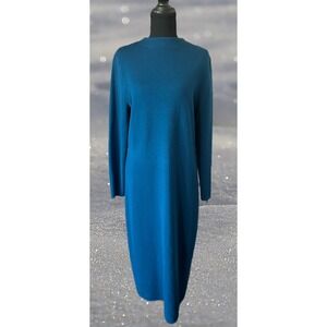 L.K. Bennett London Dress Medium Blue Sweater Merino Wool Mock Neck Midi Teal